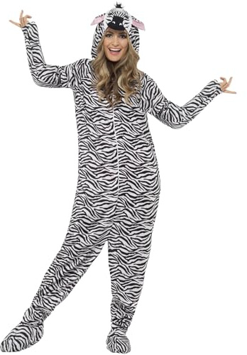 Smiffys Zebra Costume, Black & White All In One with Hood, Party Animals Fancy Dress, Animal Dress Up Costumes