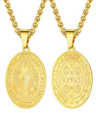 U7 Oval Medaille Anhänger Halskette Benediktuskreuz Benediktusmedaille 18k vergoldet Heiligen Benedikt von Nursia Schmuck für Männer Herren