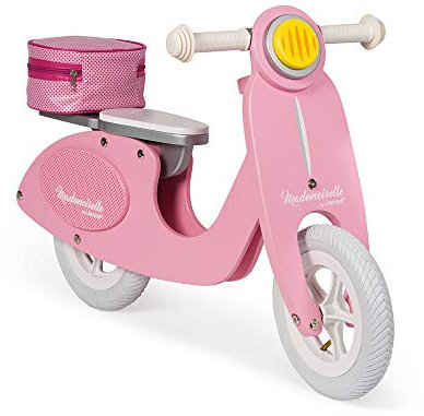 Janod - Mademoiselle Pink Wooden Scooter Balance Bike - Retro Vintage Look - Learning Balance and Autonomy - Adjustable Saddle, Inflatable Tires - Pink Colour - For children from the Age of 3, J03239