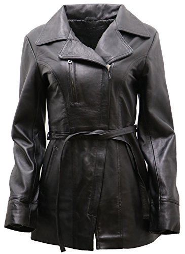 Women's Black Nappa Leather Long Biker Jacket with Belt 8