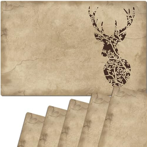 Tischsets 6er als abwaschbare Tischdeko im Landhaus Stil - Platzsets Hirsch Silhouette als Tischuntersetzer in 43 cm - Platzdeckchen als Tischunterlage für Esstisch Wohnzimmer Tisch