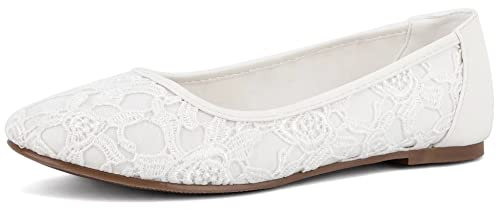 Greatonu Women Office Work Shoes Cut Out Slip On Lace Floral Closed Toe Ballet Ballerina Dolly Flats White with Lining Size 7 UK