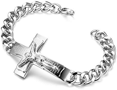 Flongo Herrenarmband Männer Kette Armkette, Edelstahl Rosenkranz Armband Armreif Armkette Panzerkette Englisch Bibel Kreuz Kruzifix Jesus Silber Biker Herren-Accessoires