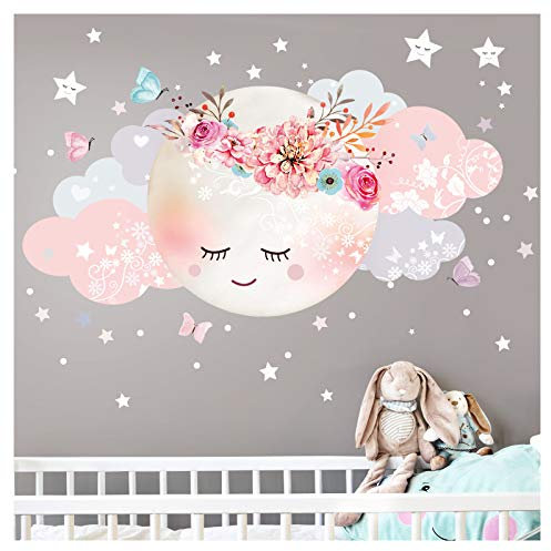 Little Deco Wandsticker Kinderzimmer Mädchen Mond & Wolken I XL - 127 x 63 cm (BxH) I Wandtattoo Babyzimmer selbstklebend Wandaufkleber Sterne Blumen Kinder DL243