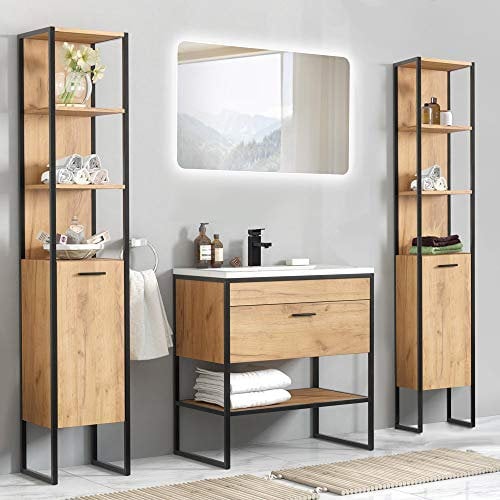 Lomadox Badezimmer Set im Industrial Design, Eiche mit schwarz, mit 80cm Keramik-Waschtisch, LED-Spiegel & Hochschränke