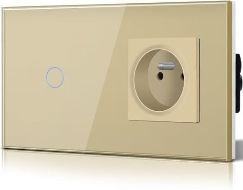 BSEED Interrupteur Tactile avec Socle en Verre Schuko Standard France Prises 1 Gang 1 voie Interrupteur Mural à Interrupteur Tactile en Verre Design Or