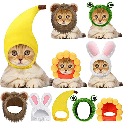 Weewooday 5 Stück Katze Hut Kostüme Süße Löwenkostüm für Katzen Hase Kaninchen Hut mit Ohren Lustige Löwenmähne Frosch Sonnenblumen Banane Mützen für Katzen Kleine Welpen Halloween Party, 5 Stile