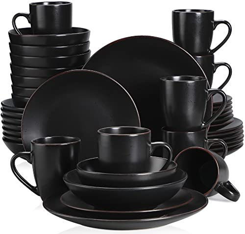vancasso serie Moda Vajillas de Cerámica de 40 piezas, Juego de Vajillas Completas para 8 Personas con Platos Llano, Platos Hondos, Platos de Postre, Cuencos y Tazas, Mate Negro