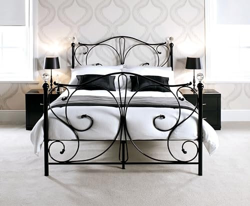 eFurniture - Luxury Solid Metal Bed with Crystal Finials - 4ft6 Double - Easy Assembly - Sturdy - Black or White (Black)