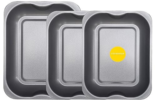 Kitcheneur Juego de 3 bandejas para asar y hornear profundas, 2 medianas (33 cm) y 1 grande (38 cm) antiadherentes para hornos, bandejas de horno duraderas y multiusos