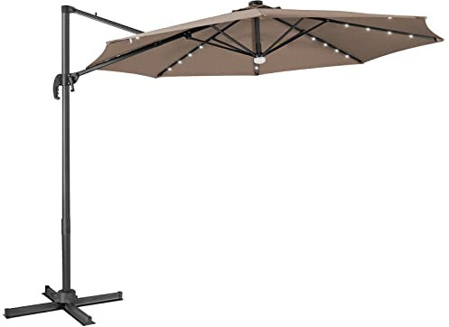 COSTWAY 3m Garden Parasol with Lights, 3 Positions Adjustable Cantilever Sun Umbrella with Solar-Powered LED, Cross Base and Winding Crank, 360° Rotation Sunshade Shelter for Patio Balcony (Coffee)