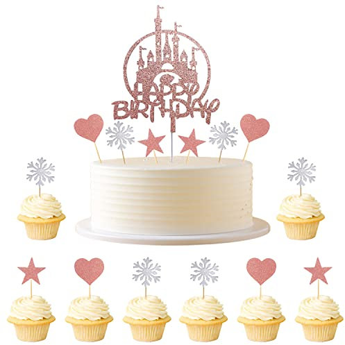 Kawailay 31 Stück Glitter Frozen Tortendeko Schloss Happy Birthday Kuchendeckel Snow Queen Cake Toppers mit Schneeflocken Herz Stern für Kinder Mädchen Geburtstag Weihnachten Party Roségold