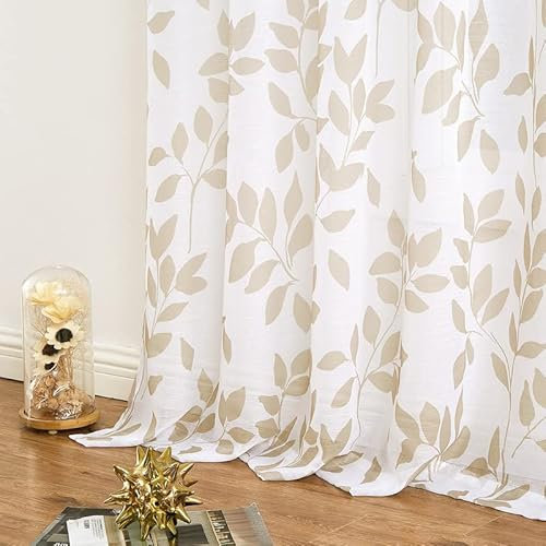 Treatmentex Cortinas Traslúsidas con Estampado de Hojas para Salón, Cortinas de Ventana Botánicas para Dormitorio con Textura de Lino Claro 2 Piezas, 136x245cm, Blanco y marrón Claro