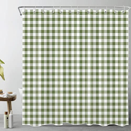LB Grille Verte Sauge Rideaux de Douche 180x180cm Grille Blanche Rideaux de Bain avec Crochets, Rayures Simples et Simples Imperméable Polyester Anti Moule Salle de Bain Décor