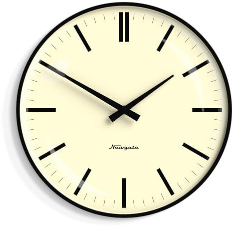 NEWGATE® Radio City wanduhr | Rundes Metall Retro Design | 33cm | Schwarz | Linse aus gewölbtem Glas | Stilvolles markierungszifferblatt | Für küche, Wohnzimmer oder büro