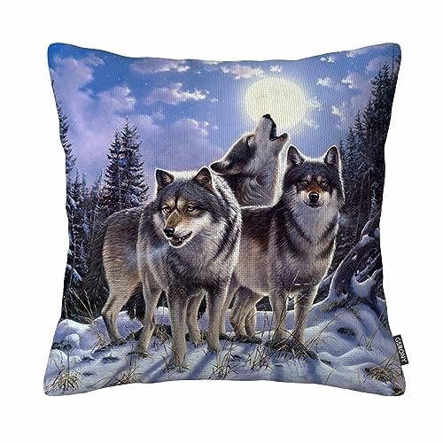GSRONY Wölfe Kissenbezug, wilder Wolf im Winterwald mit Vollmond-Kissenbezügen, 45,7 x 45,7 cm, Baumwollleinen (doppelseitig)