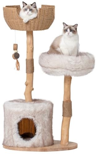 PEGIC Cat Tree Tower with Two Real Branches, 43in Wood Modern Cat Tower with Luxury Cat Condo, Cat Scratching Post, Jumping Platforms, Cat Furniture (Long Plush)