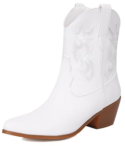 Lroey Reoly Stivaletti da Donna con Tacco Largo, Stivali da Cowgirl Almond Toe Tacco Medio Stivali Corti Senza Chiusura Ricamate, R12507Lq Bianco Numero 47 EU