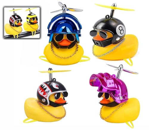 4 Stück Fahrrad Quietscheente mit Helm|Die süße Fahrradhupe mit Helm und Propeller|Quietscheente Fahrrad-fahrrad ente,für Kinder|Ente mit Helm|Rubber Bike Deko|Geschenk für Weihnachten,Geburstag