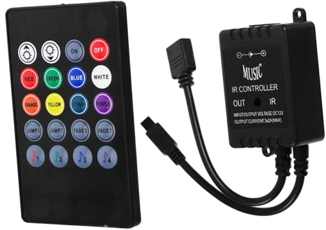 LED Musiksteuerung mit Infrarot Fernbedienung, 20 Tasten für Djs | Kunststoff, für Rgb Streifen und Wandfluter, Farbwechsel, Helligkeit, Statische Farben, Musikrhythmus