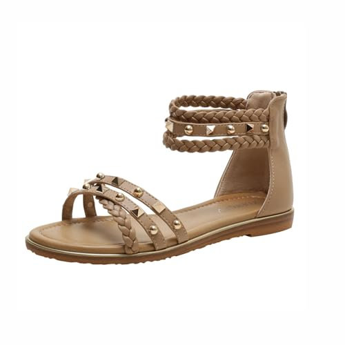 Zenithia Damen-Pantoletten-Sandalen mit Nieten,Damen-Sommer-Freizeitsandalen,Gladiator-Schuhe,modische flache Sandalen,römische geflochtene Sandalen mit Reißverschluss hinten,EU36–42