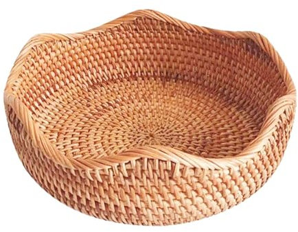 Wzxhew # Cane Bread Basket Round Fruit Basket Wicker Storage Bowl Natural Woven Service Basket Bowl Kitchen Counter Organizer Decorative Basket (C, One Size)
