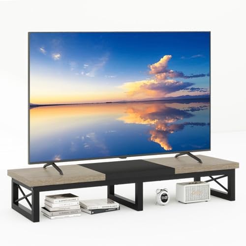 IBUYKE TV-Schrank Tisch,Fernsehtisch, 114 cm, mit 2 Lagerung,Tischplatte Kurzer TV-Ständer, für Fernseher bis zu 60 Zoll, Wohnzimmer, Esszimmer und Schlafzimmer,Greige Schwarz TVT002YB