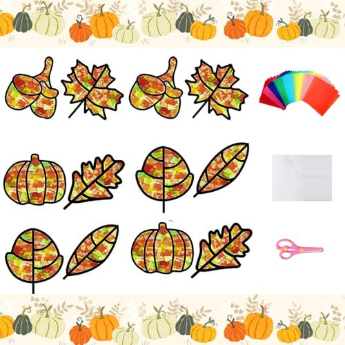 12 Stück Herbstdeko Basteln, Herbst Kranz Set, Halloween Kinder, DIY Bastelset Blätter Deko, Kreative Herbst Fensterbilder