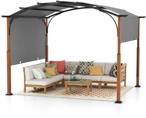 COSTWAY Gazebo Pergola da Giardino 3 x 3,6 m, Pergola da Esterno con Telaio Curvo e Tettuccio Retrattile, con Struttura in Metallo, per Giardino, Patio e Portico (Grigio)