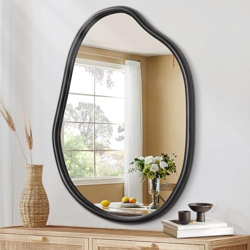 Irregular Wall Mirror, Black Asymmetrical Mirrors for Wall, Modern Wood Frame Unique Vanity Mirror, Shaped Dressing Mirrors Decorative for Living Room, bathroom, Bedroom, Entryway, Small 35 x 25CM
