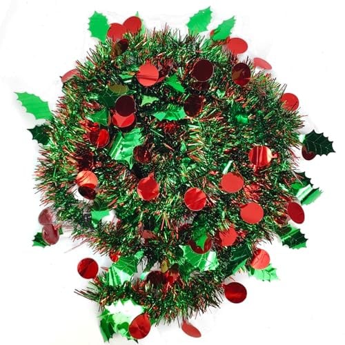 Weihnachts-Lametta mit gefrosteten Blättern und roten Beeren, glänzende, metallische Lametta-Girlande für Weihnachtsbaum, Decke, hängende Treppen, Dekoration, Urlaub, Partyzubehör, 10 m lang