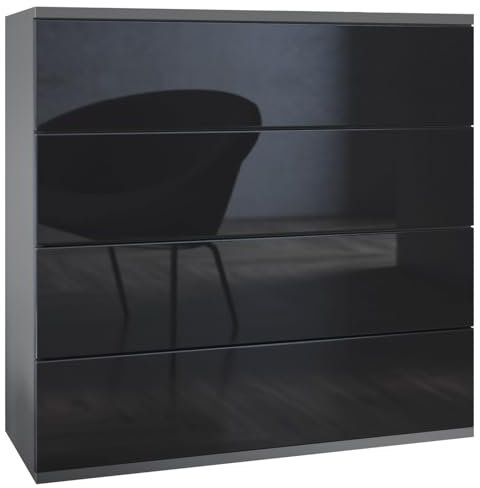 Vladon Kommode Pavos V3 hängend, Sideboard mit 4 Schubladen Anthrazit matt/Schwarz Hochglanz (76 x 94 x 35 cm)