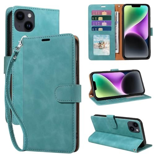 GOTOURED for iPhone 14 Plus Phone Case Wallet, RFID Blocking 4 Card Slots, Wrist Strap, Kickstand, Magnetic Closure, Shockproof Protective Soft Leather Flip Cover (Green)