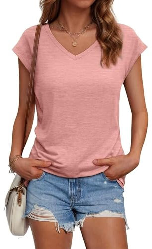 Suncife Womens Summer Casual Loose Fit T Shirt Cap Sleeve V Neck Tshirts Tops (Pink,XL)