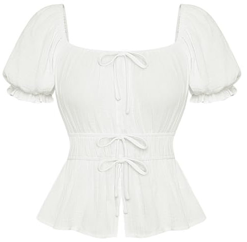 SCARLET DARKNESS Women White Victorian Peplum Top Square Neck Cottagecore Renaissance Blouse Short Sleeve Elastic Waist Tops for Summer S