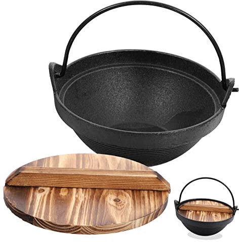 Cabilock Olla Japonesa De Hierro Fundido Con Tapa De Madera Soperas Antiadherentes Para Cocina Casa y Camping Batería De Cocina Resistente Para Sopas y Platos Calientes Diseño Tornillo Fáci