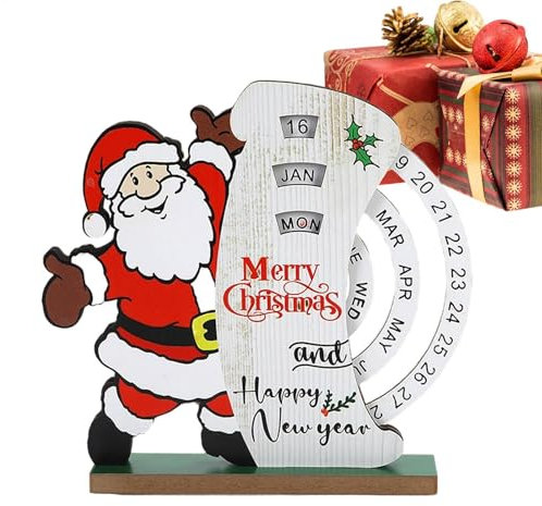 Frfik Weihnachts-Countdown-Schild, manuell drehbarer Holzblock-Kalender, manuell drehbarer Kalender, Weihnachtsmann, Glocke, Schreibtisch-Block-Kalender für Zuhause,