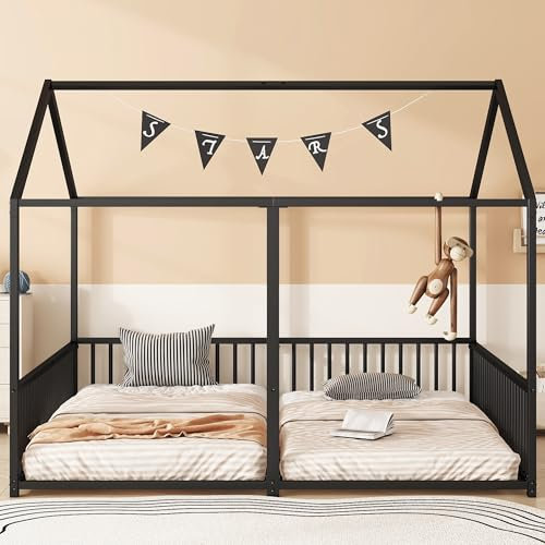 Merax Kinderbett 90x200cm Hausbett mit Rausfallschutz und Dach Doppelbett Design bodenbett für Kinder Eisenrahmen Ohne Matratze,Schwarz