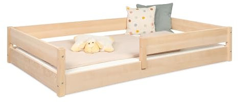 Ehrenkind® Bodenbett Buche Nova | Hochwertiges Buchenholz | Kinderbett mit Rausfallschutz | Massivholz inkl. Lattenrost | 200x120 cm Natur | Bodenbett 120x200 | Kinder Bett