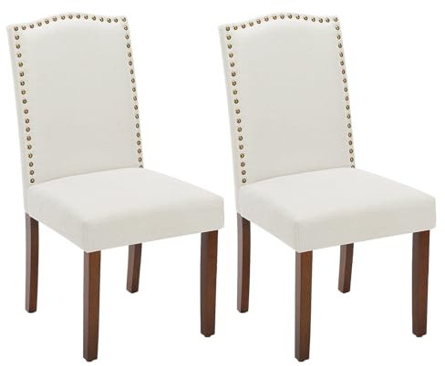 Sweetcrispy Esszimmerstuhl (2er Set), Hochwertige gepolsterte Leder-Esszimmerstühle mit Nagelkopfverzierung und Holzbeinen, Esszimmerstühle für Schlafzimmer, Wohnzimmer, Esszimmer, Beige White