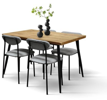 PAZZO DESIGN Gemma Esstisch-Set Mit Tisch Und 4 Stühlen, Rustikale Eiche, Schwarze Beine, Küchentisch, Esszimmer, Graue Stühle, Küchenstühle 120 x 78 x 75 cm - id_2204