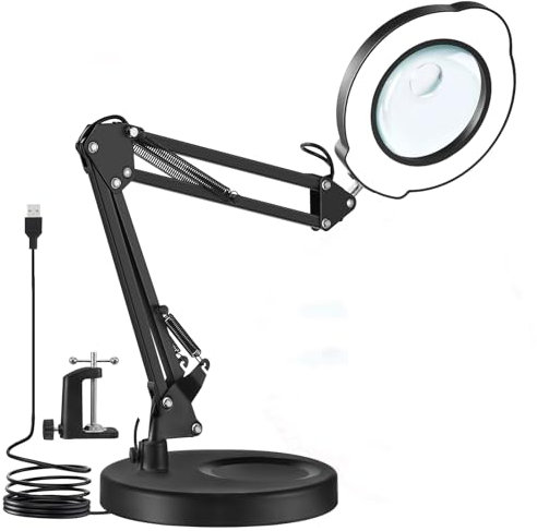 Lupe mit Licht und Ständer, 10X - 15X LED Lupenleuchte mit Klemme, 12W LED Lupenlampe Dimmbare 3000K - 6500K, Lampe mit Lupe für handwerkliche Reparaturen & Nahaufnahmen, Tischlupe mit Beleuchtung