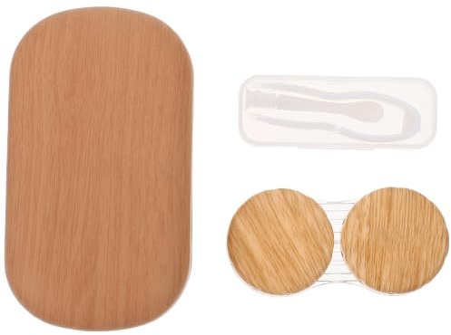 Kontaktlinsenbehälter Kasten mit Großem Durchmesser, Kunststoff, 1 Satz | Vintage Lederoptik, Holzmaserung, Auslaufsicher, Tragbar, mit Clip, Sauger, Kleinem Spiegel