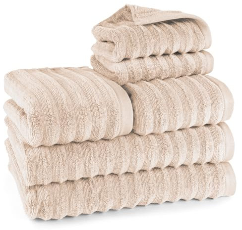 Pure Label 6-TLG. Handtücher Set mit Aufhängeschlaufen aus 100% Baumwolle, saugstark und weich - 2X Badetuch (70x140cm) 2X Handtuch (50x100cm) 2X Gästetuch (30x50cm), Beige