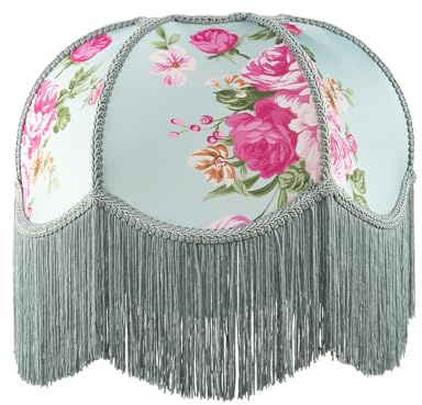 Duck Egg and Pink Rose Victorian Style Fabric Lamp Shade with Embroidered Trims and Long Tassels | 36cm x 20cm | Inner White Faux Silk Lining by Happy Homewares