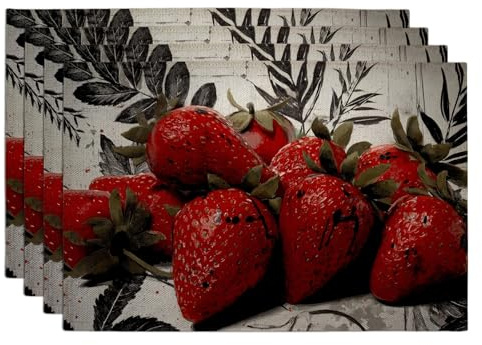 Platzsets mit roten Erdbeeren, Landhausstil, botanische Tischsets zum Essen, rutschfest, waschbar, für drinnen und draußen, dekoratives Platzset, 4 Stück