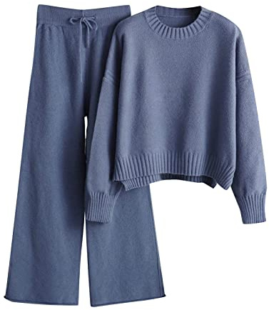Meaunzyl Tute Maglia 2 Pezzi Completa Elegante Set Tuta Maglia Donna Due Pezzi Set Coordinato Tuta Casual Lavorati Maglione a Maniche Lunghe Pullover Top e Pantaloni a Gamba Larga Completi Invernale
