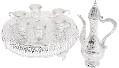 Set di caffettiera turca vintage turca con 6 tazze e vassoio da tè, servizio da tè per feste e riunioni, argento