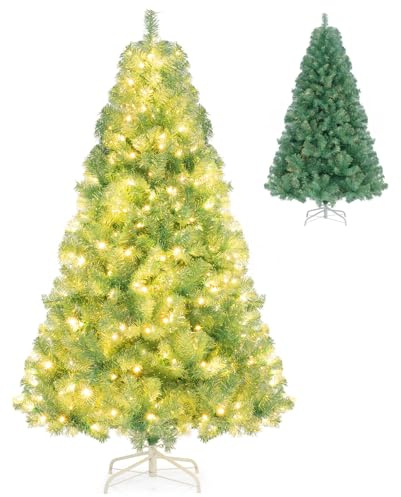 GYMAX 6FT Pre-lit Christmas Tree, Artificial Hinged Xmas Tree with 250 Warm White LED Lights, Holiday Seasonal Decoration Tree