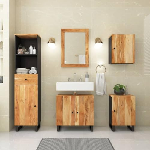 Holamys Ensemble de 5 meubles de salle de bain en bois d'acacia massif, finition naturelle, 62 x 33 x 58 cm, meuble sous lavabo, pieds en fer robuste, espace de rangement spacieux pour salle de bain
